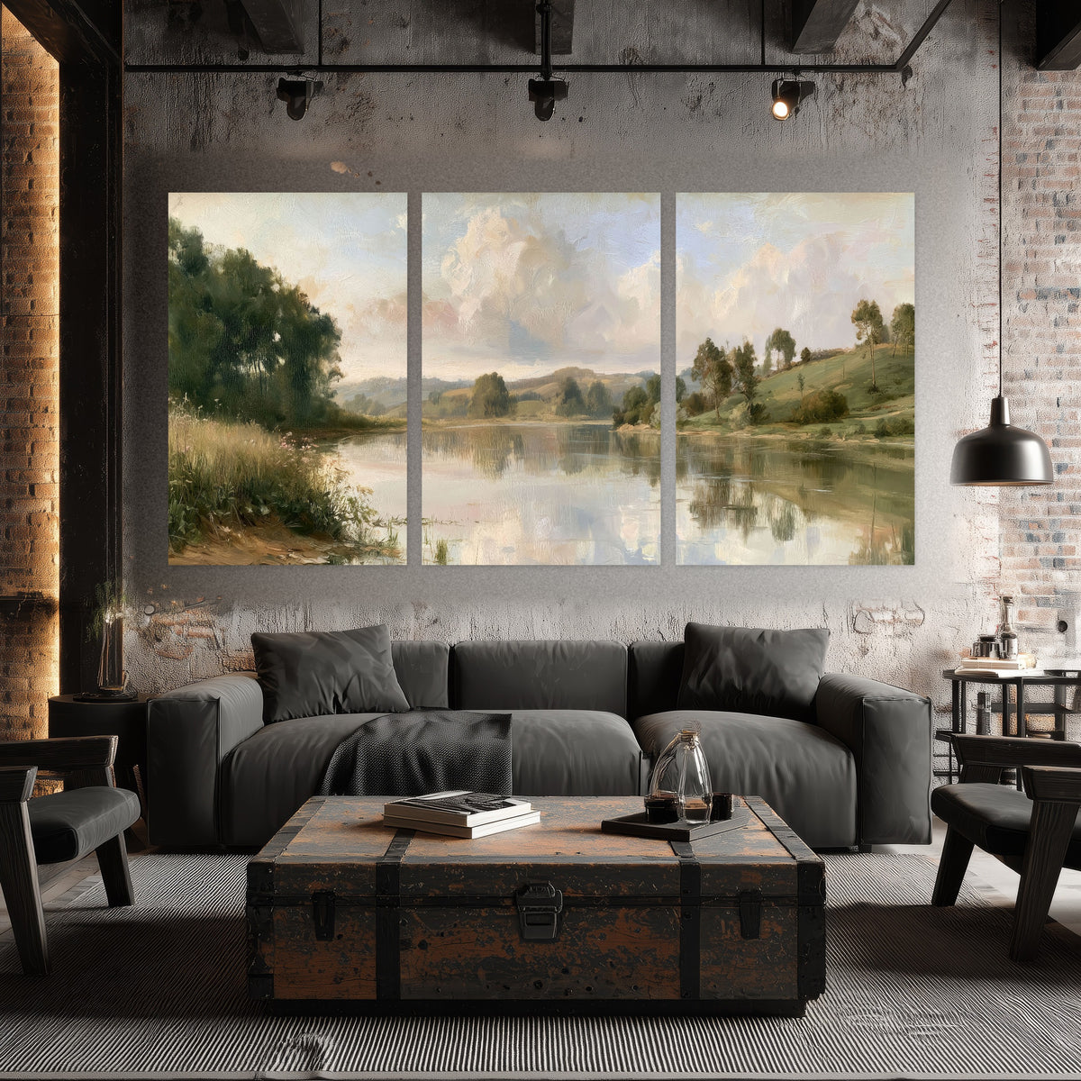 Summer river countryside painting set of 3 poster prints in an industrial loft