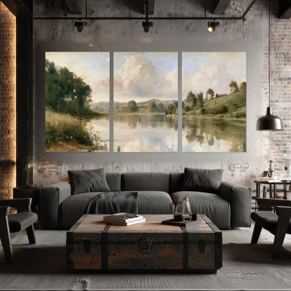 Summer river countryside painting set of 3 poster prints in an industrial loft