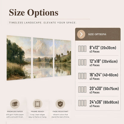 Summer river countryside painting set of 3 poster prints size options