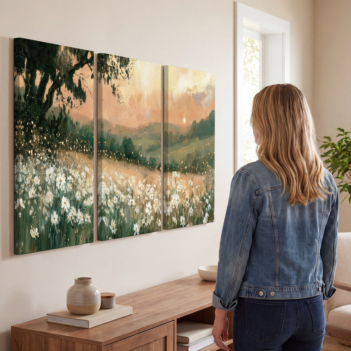 White daisy meadow sunset painting 3 piece canvas wall art in a living room