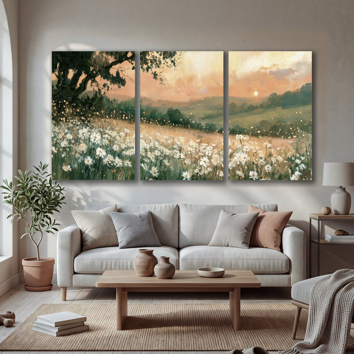 White daisy meadow sunset painting 3 piece canvas wall art in a bright living room