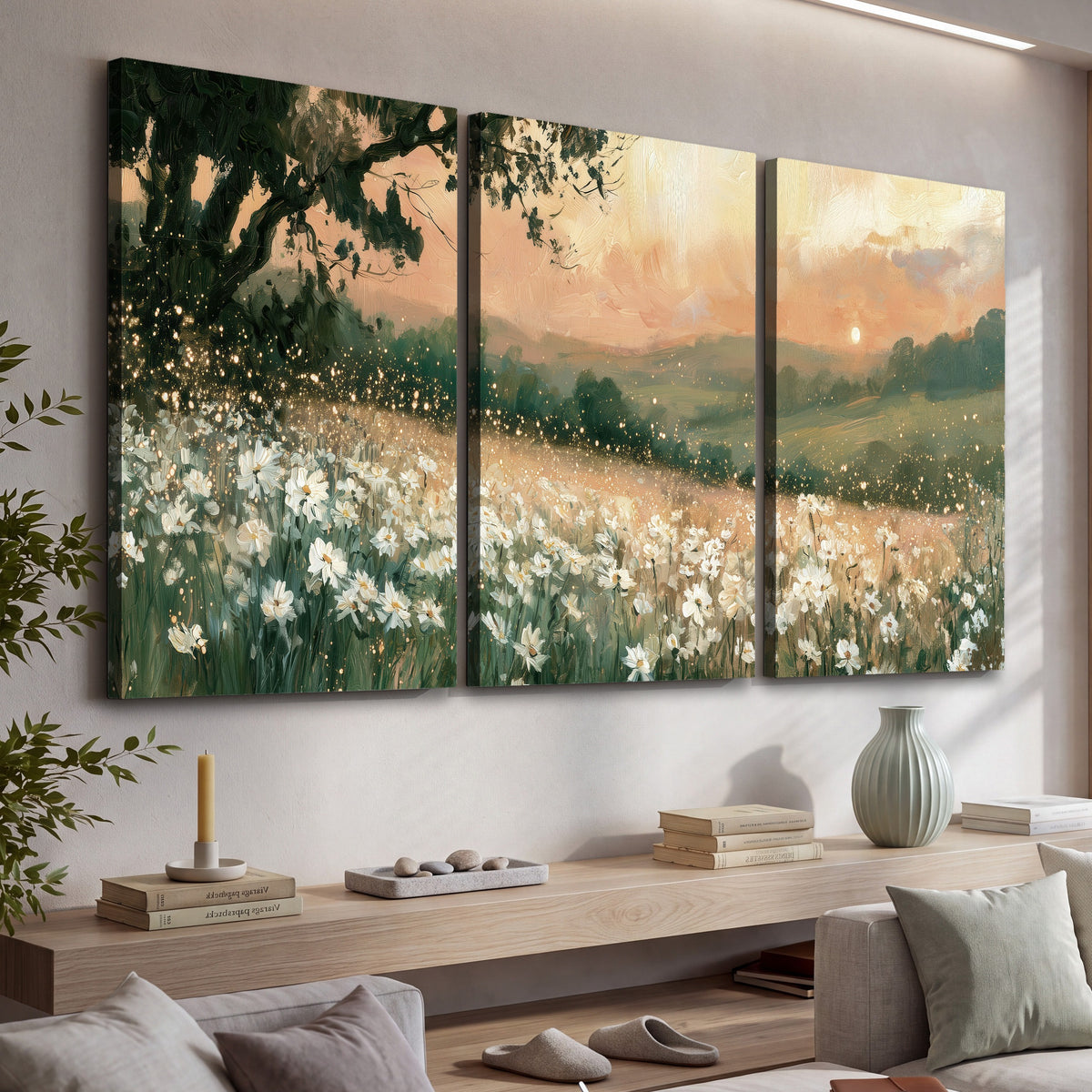 White daisy meadow sunset painting 3 piece canvas wall art in a living room above a console