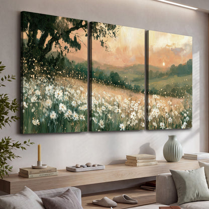 White daisy meadow sunset painting 3 piece canvas wall art in a living room above a console