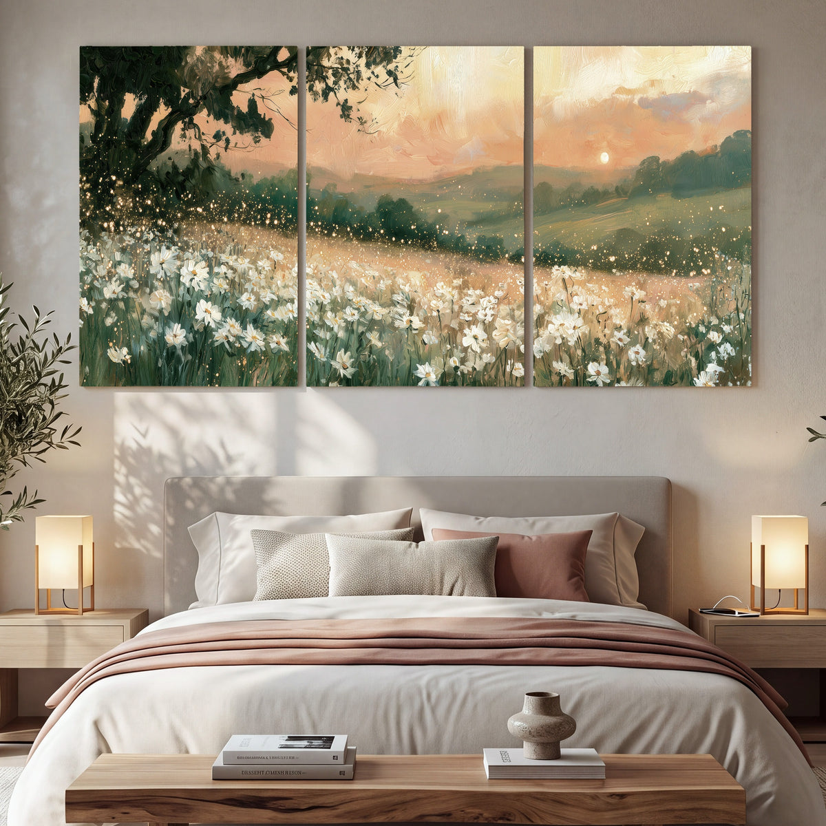 White daisy meadow sunset painting 3 piece canvas wall art in a bedroom above the bed