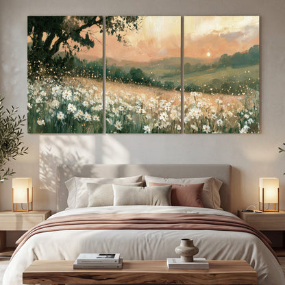 White daisy meadow sunset painting 3 piece canvas wall art in a bedroom above the bed