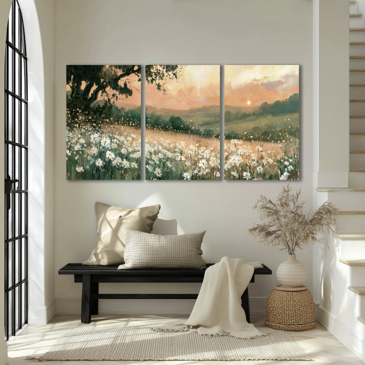White daisy meadow sunset painting 3 piece canvas wall art in an entryway above a bench
