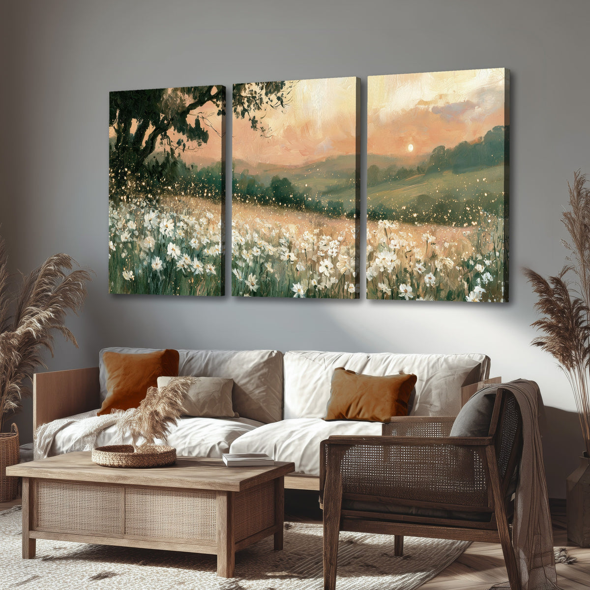 White daisy meadow sunset painting 3 piece canvas wall art in a rustic living room