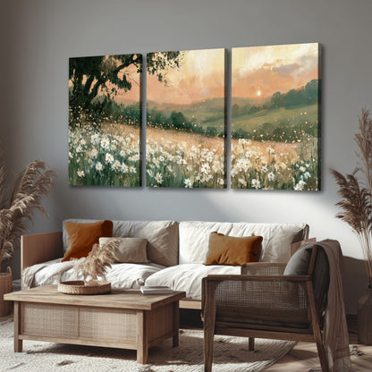 White daisy meadow sunset painting 3 piece canvas wall art in a rustic living room