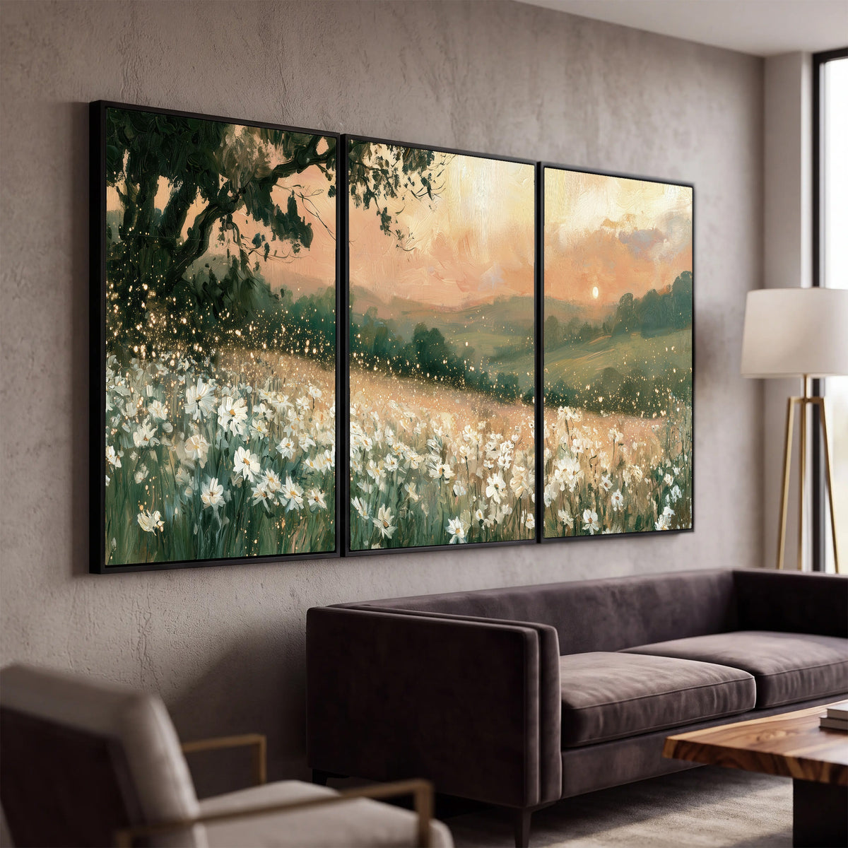 White daisy meadow sunset painting 3 piece canvas wall art in a modern living room