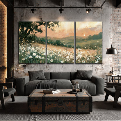 White daisy meadow sunset painting 3 piece canvas wall art in an industrial loft