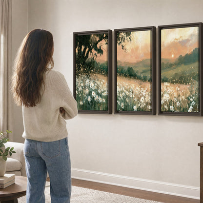 White daisy meadow sunset painting 3 piece framed canvas in a living room