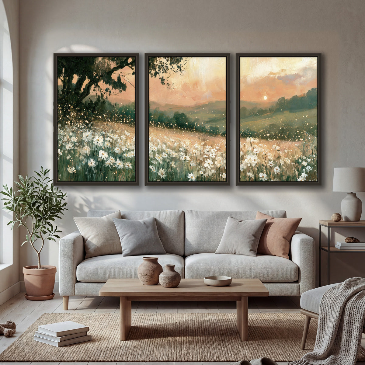 White daisy meadow sunset painting 3 piece framed canvas in a bright living room