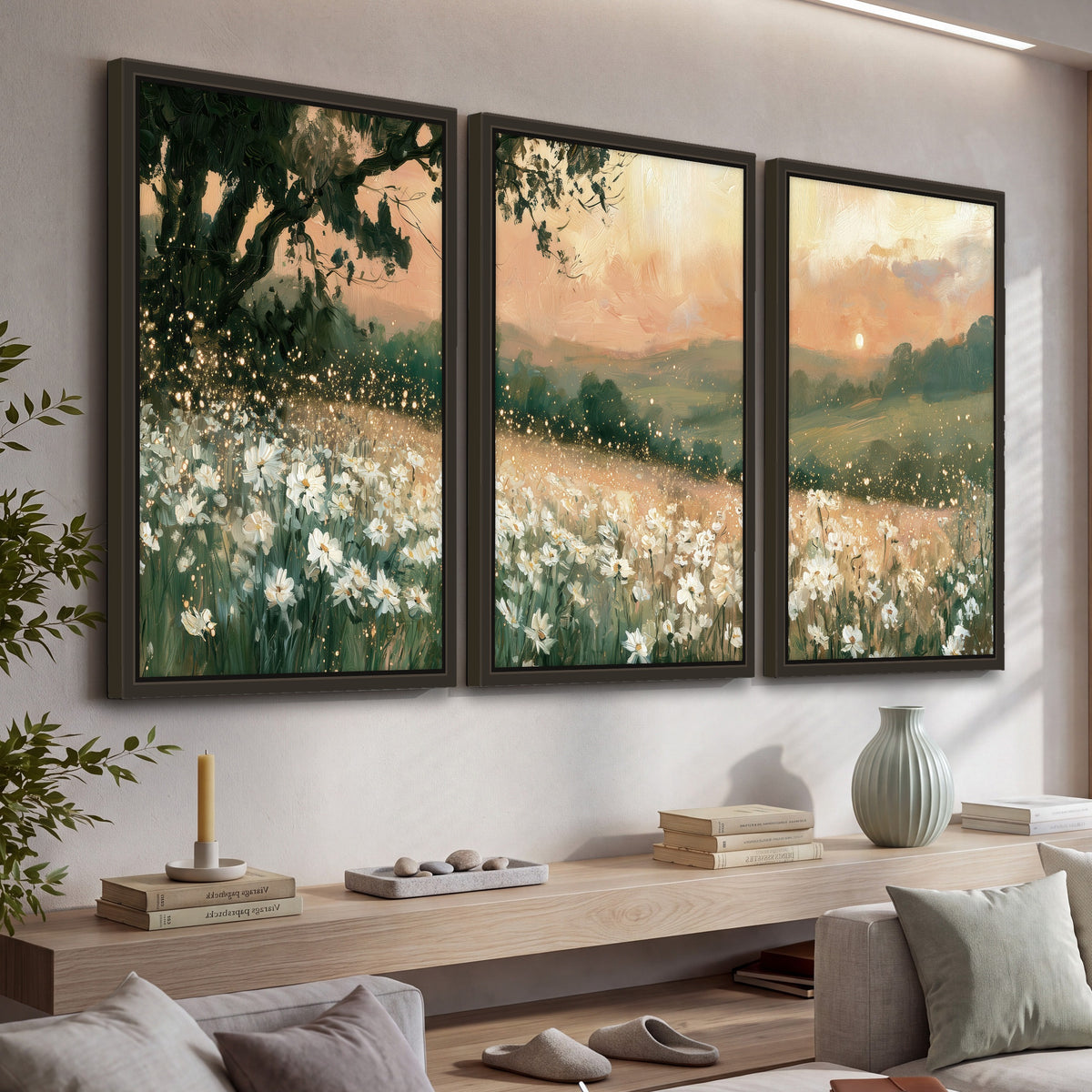 White daisy meadow sunset painting 3 piece framed canvas in a living room above a console