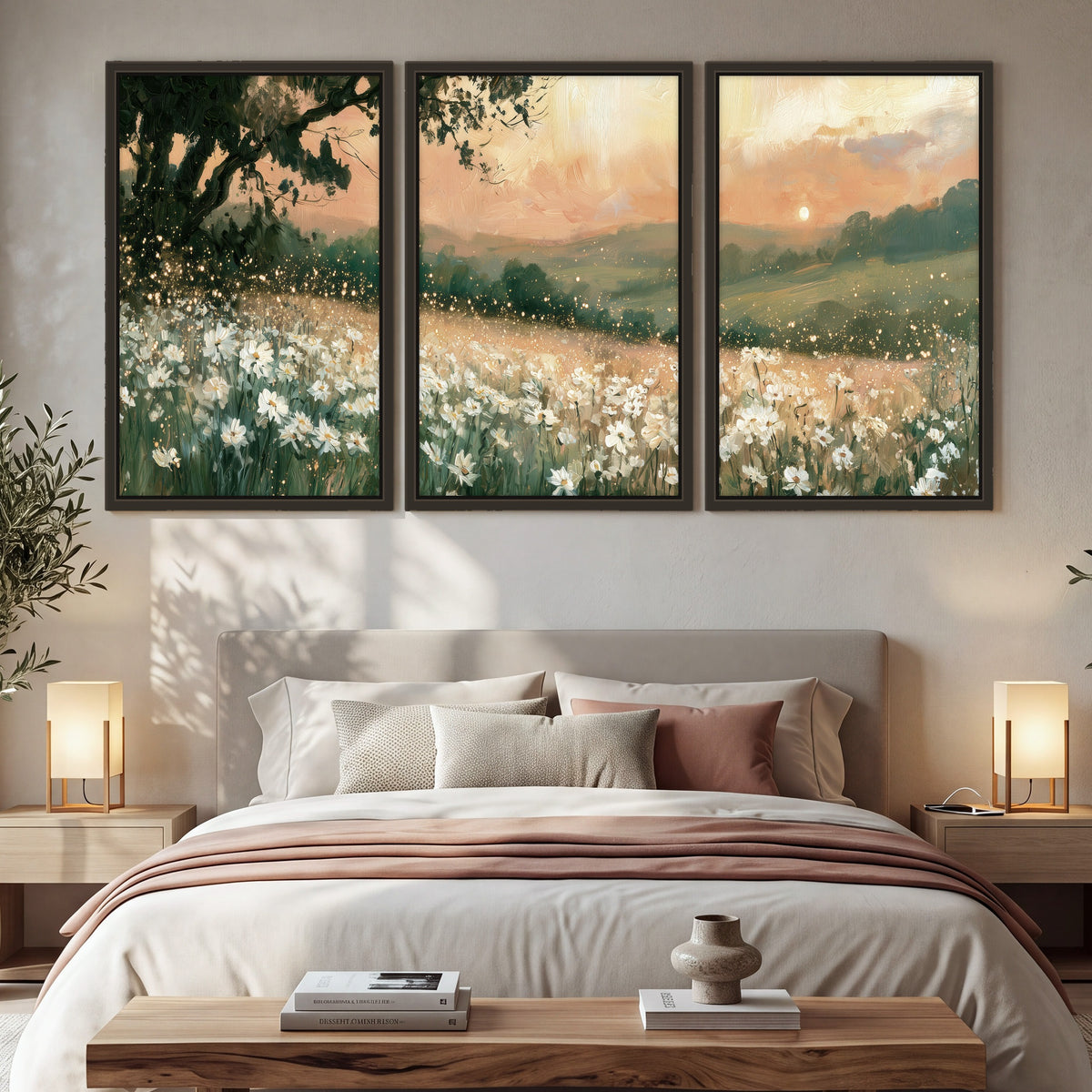 White daisy meadow sunset painting 3 piece framed canvas in a bedroom above the bed