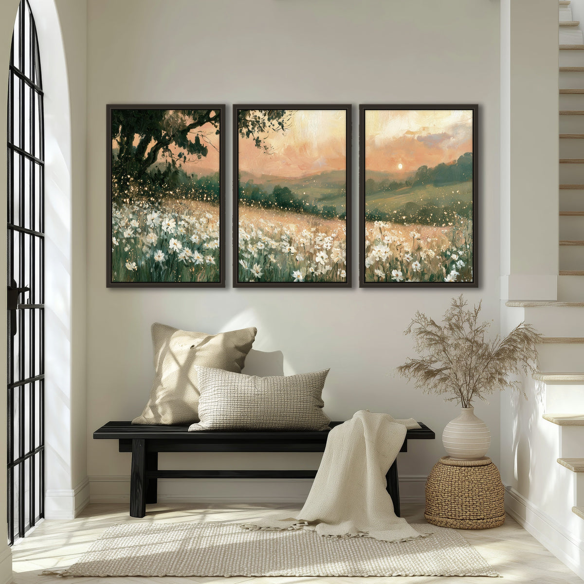 White daisy meadow sunset painting 3 piece framed canvas in an entryway above a bench