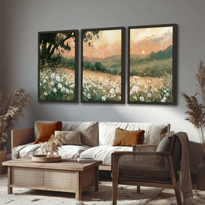White daisy meadow sunset painting 3 piece framed canvas in a rustic living room