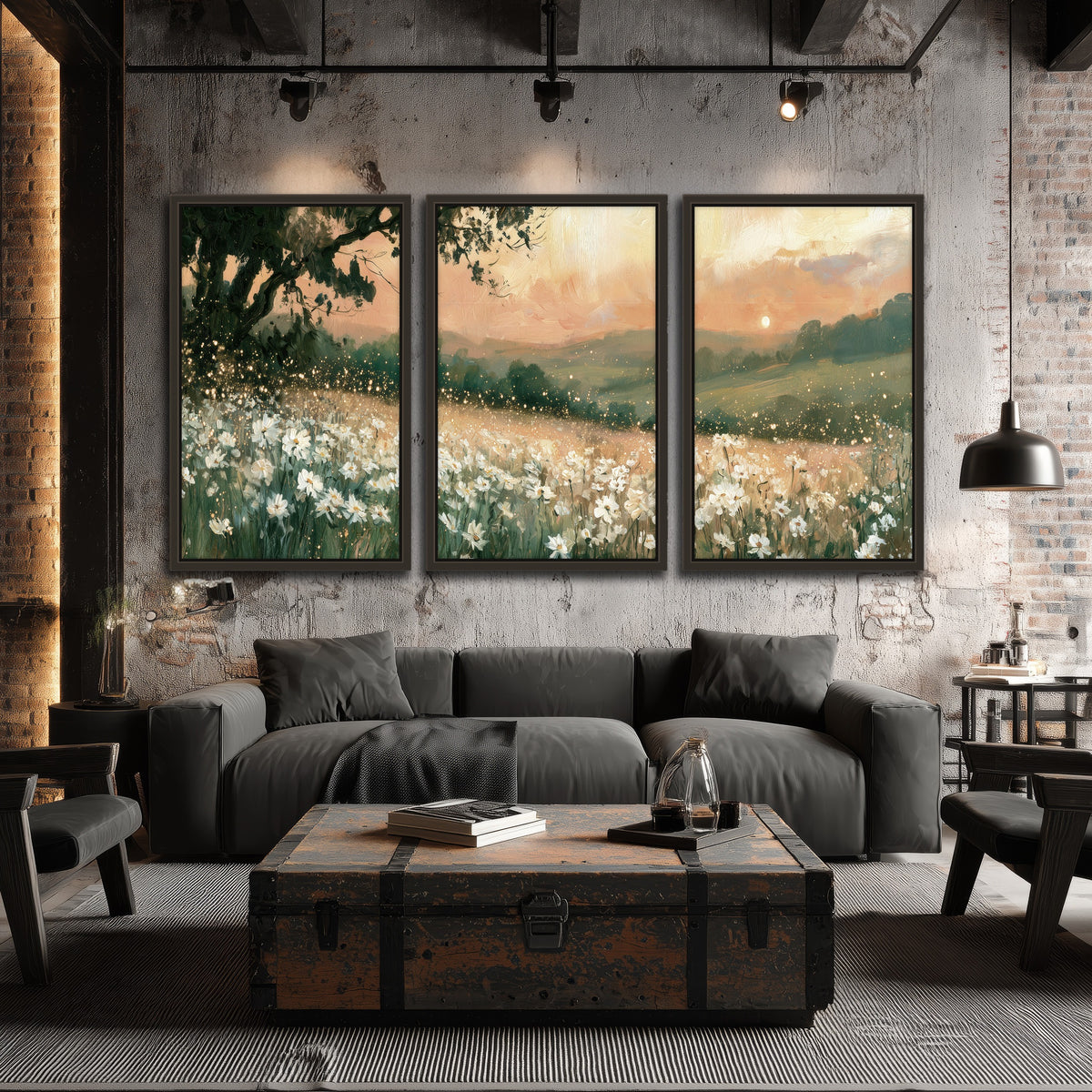 White daisy meadow sunset painting 3 piece framed canvas in an industrial loft