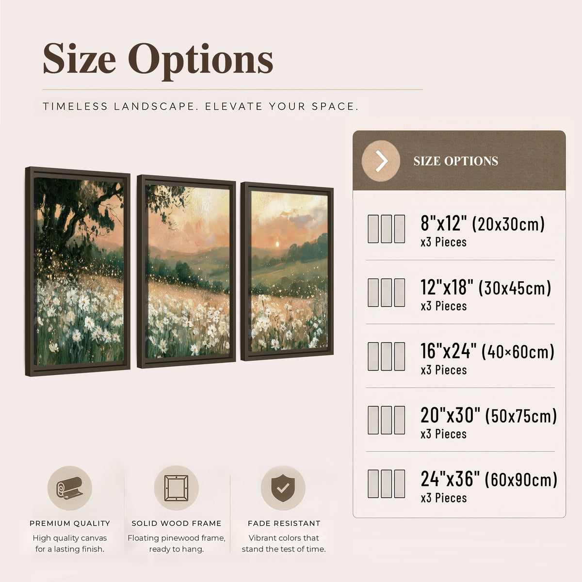 White daisy meadow sunset painting 3 piece framed canvas size options