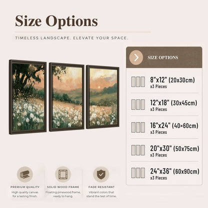 White daisy meadow sunset painting 3 piece framed canvas size options