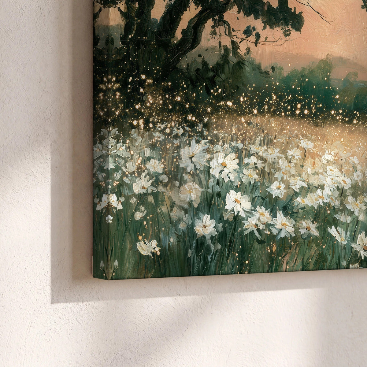 White daisy meadow sunset painting canvas print close-up showing the gallery-wrapped edge