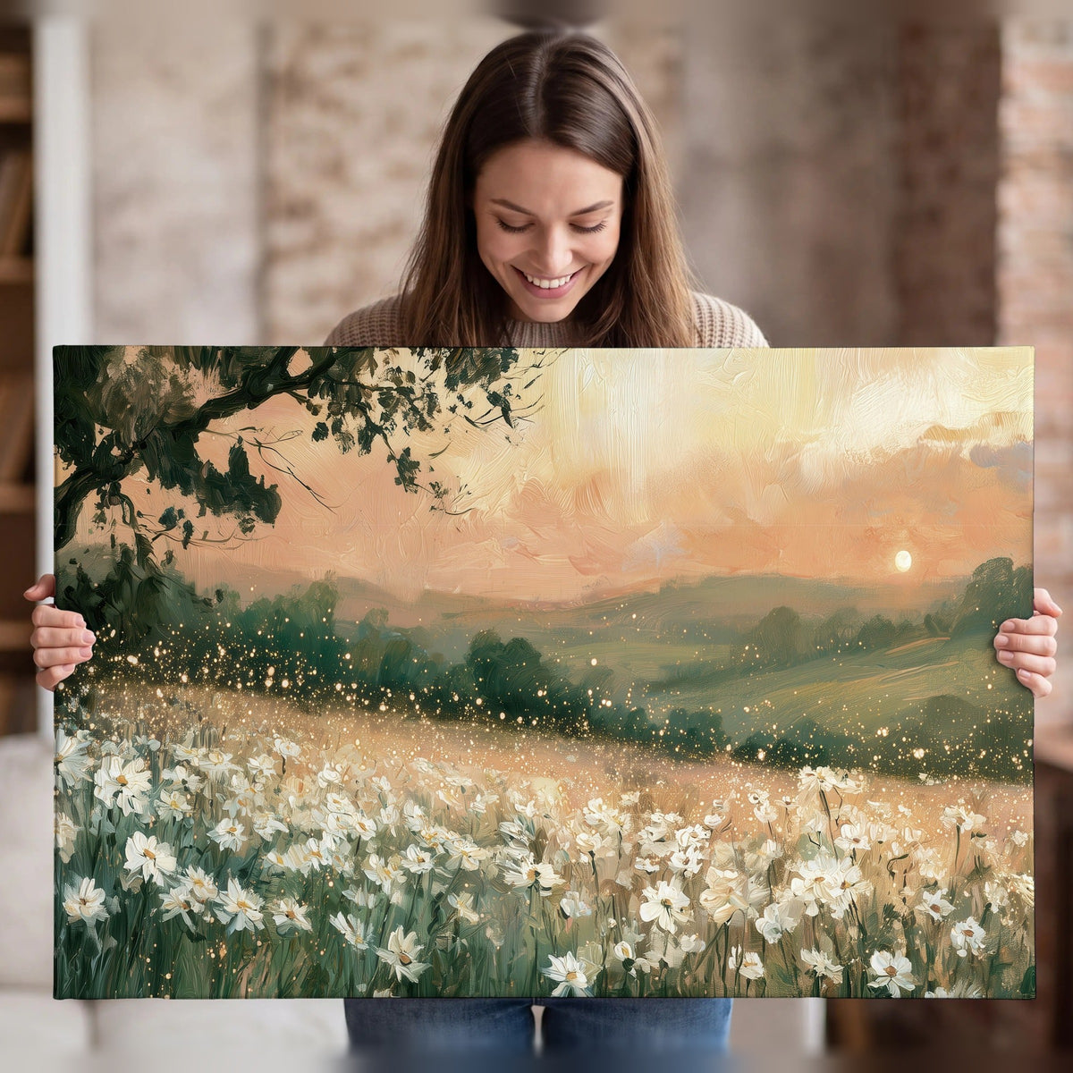 White daisy meadow sunset painting canvas wall art held in hands