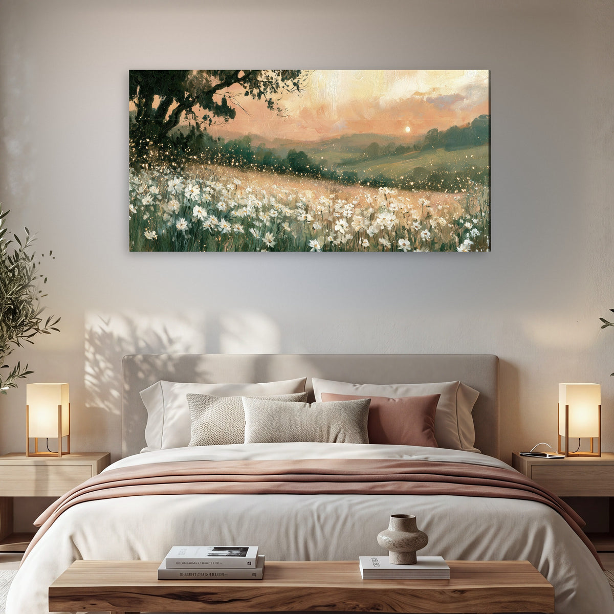 White daisy meadow sunset painting canvas wall art in a bedroom above the bed