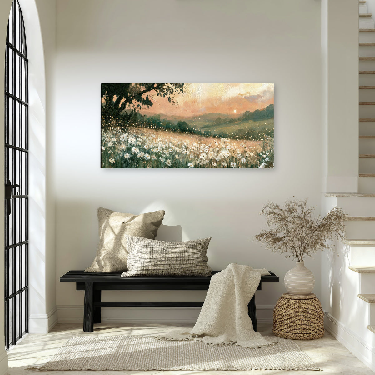 White daisy meadow sunset painting canvas wall art in an entryway above a bench