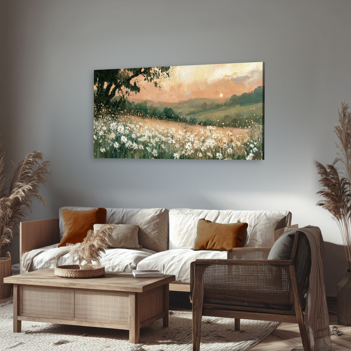 White daisy meadow sunset painting canvas wall art in a rustic living room