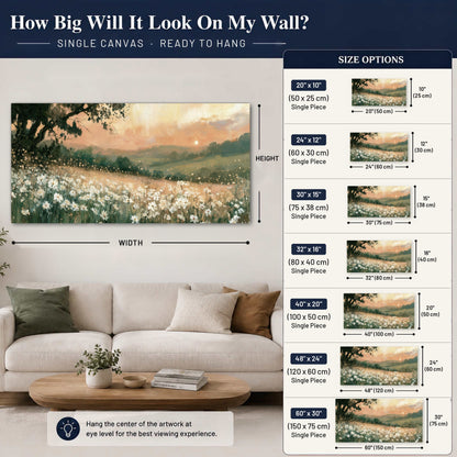 White daisy meadow sunset painting canvas wall art size guide above a sofa