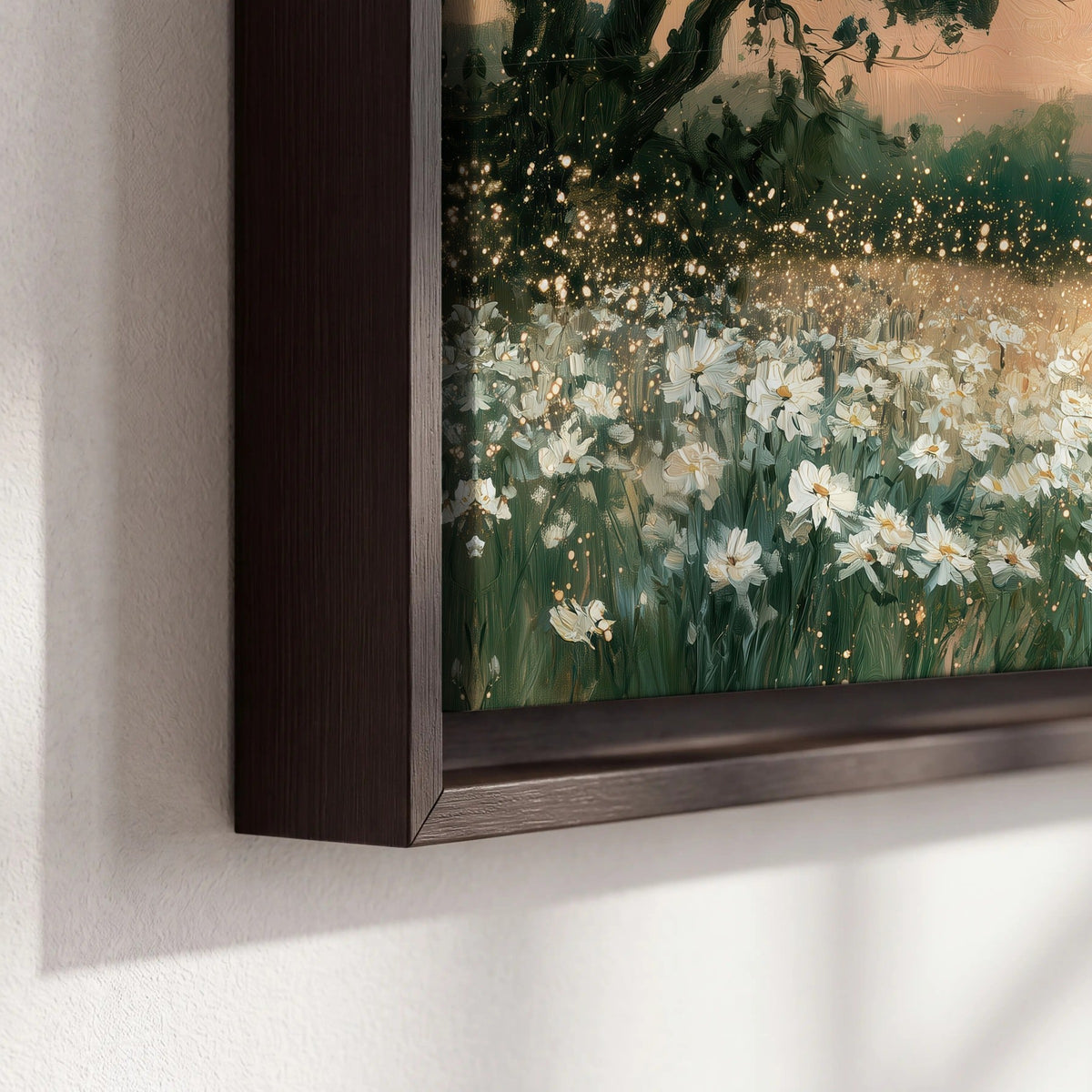 White daisy meadow sunset painting framed canvas close-up showing the floating frame