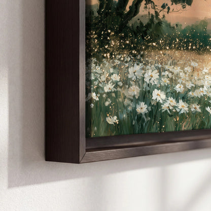 White daisy meadow sunset painting framed canvas close-up showing the floating frame