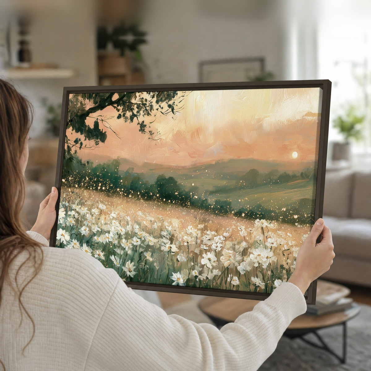 White daisy meadow sunset painting framed canvas held in hands
