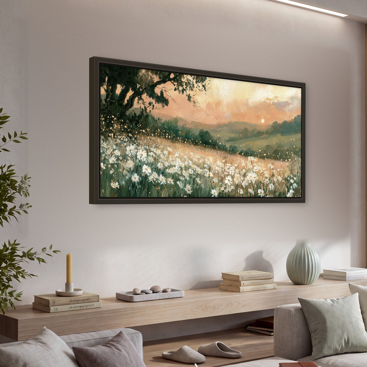 White daisy meadow sunset painting framed canvas wall art in a living room above a console