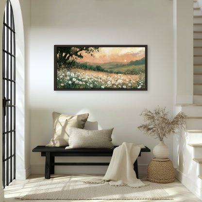 White daisy meadow sunset painting framed canvas wall art in an entryway above a bench