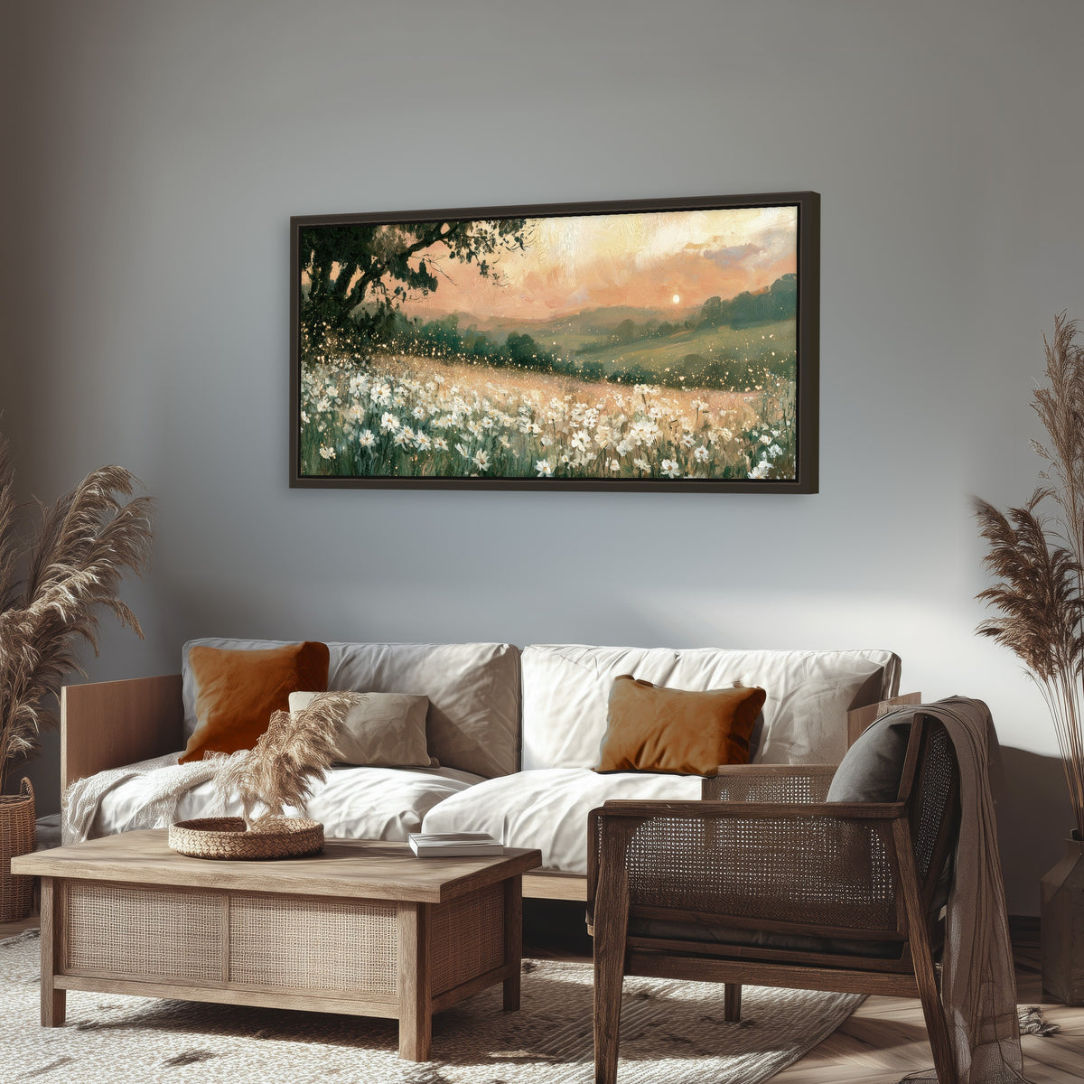 White daisy meadow sunset painting framed canvas wall art in a rustic living room