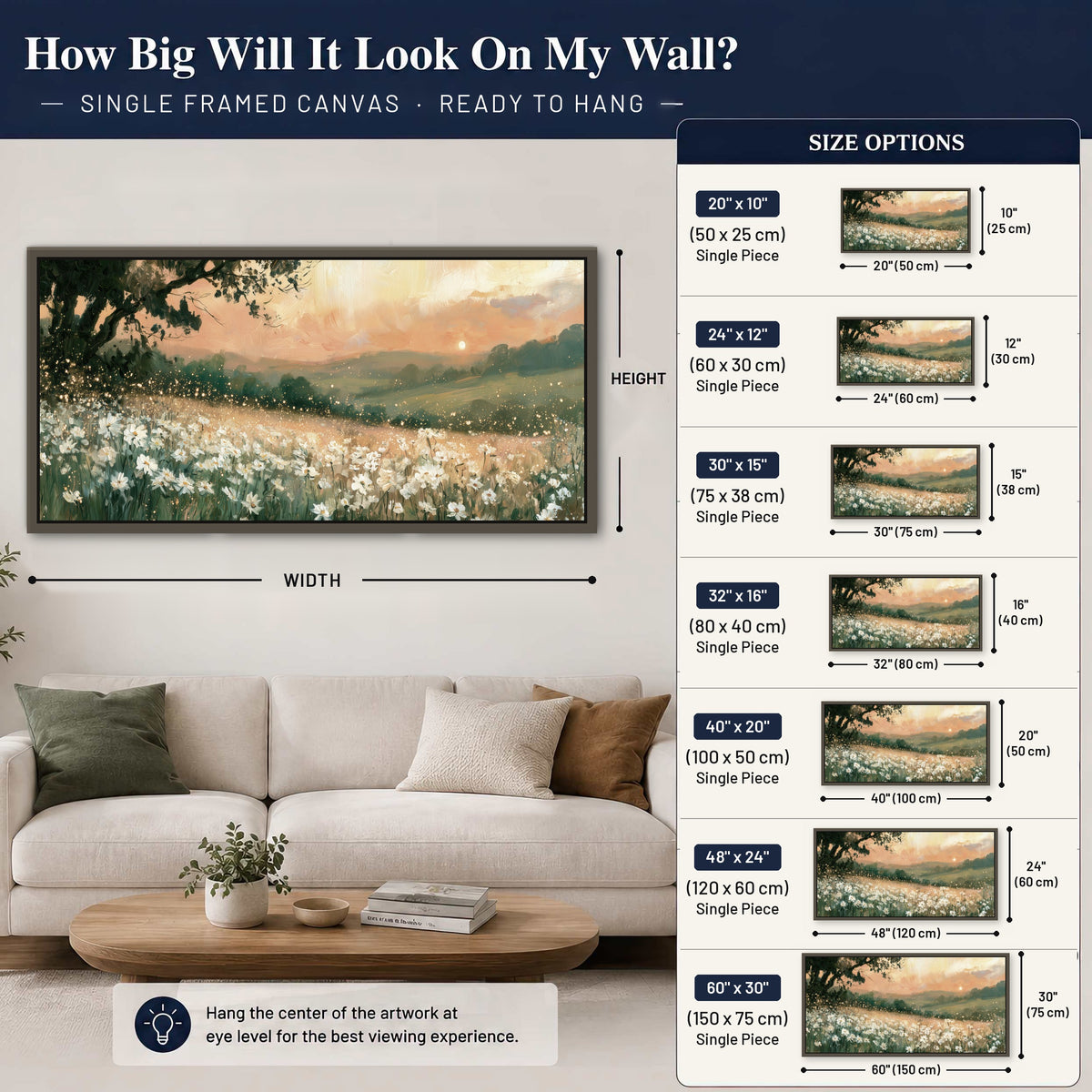White daisy meadow sunset painting framed canvas wall art size guide above a sofa
