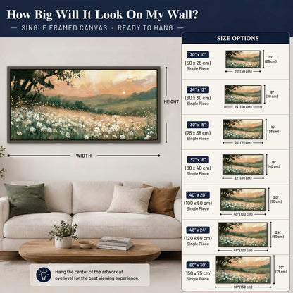 White daisy meadow sunset painting framed canvas wall art size guide above a sofa
