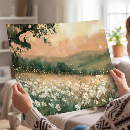 White daisy meadow sunset painting poster print held in hands