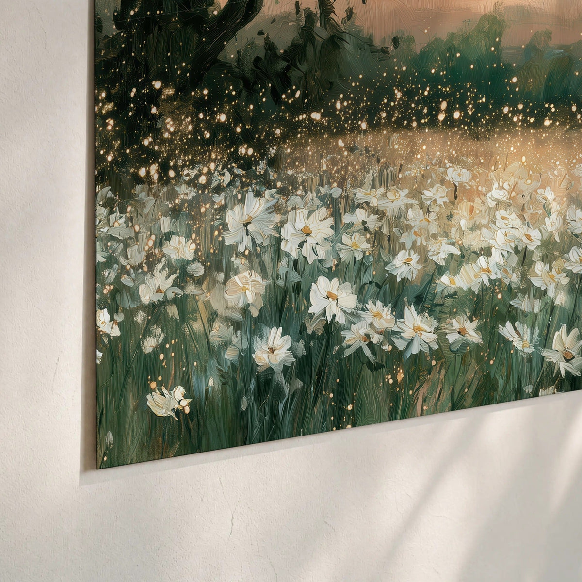 White daisy meadow sunset painting poster print close-up on matte paper