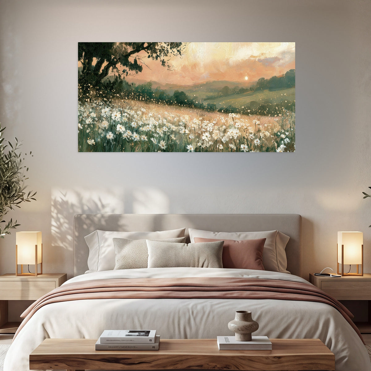 White daisy meadow sunset painting poster print in a bedroom above the bed
