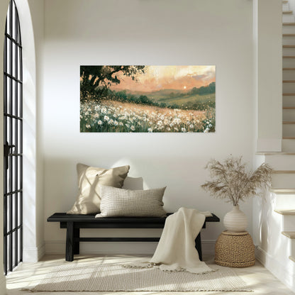 White daisy meadow sunset painting poster print in an entryway above a bench