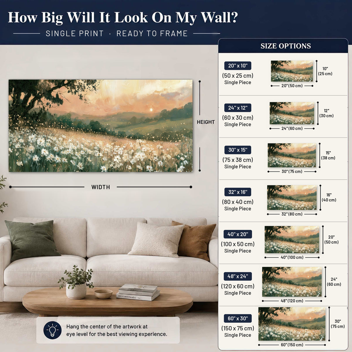 White daisy meadow sunset painting poster print size guide above a sofa