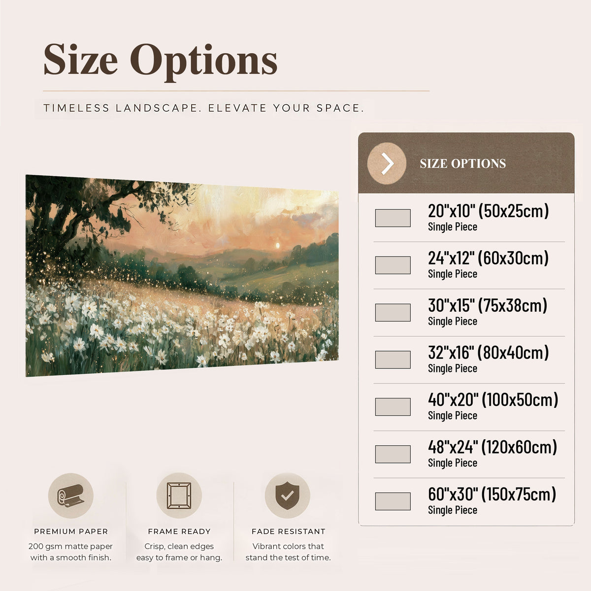 White daisy meadow sunset painting poster print size options