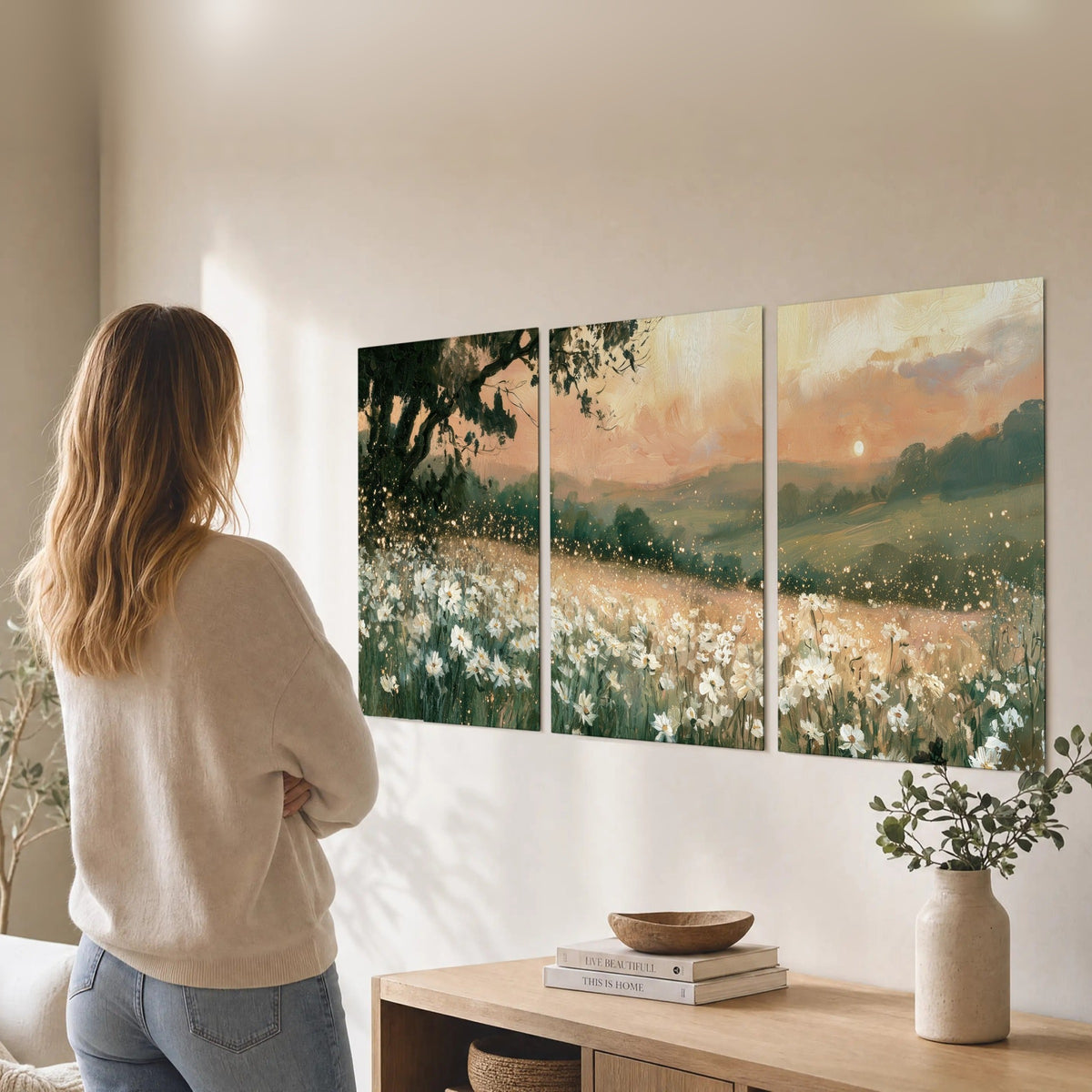 White daisy meadow sunset painting set of 3 poster prints in a living room