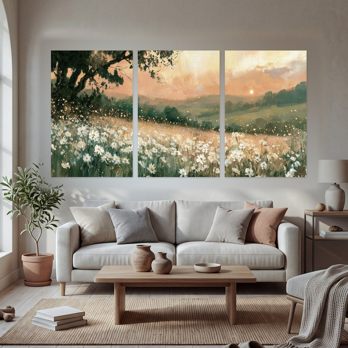 White daisy meadow sunset painting set of 3 poster prints in a bright living room