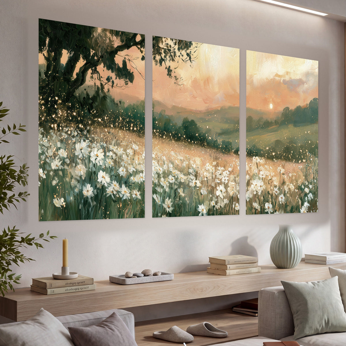 White daisy meadow sunset painting set of 3 poster prints in a living room above a console