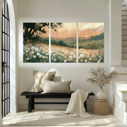 White daisy meadow sunset painting set of 3 poster prints in an entryway above a bench