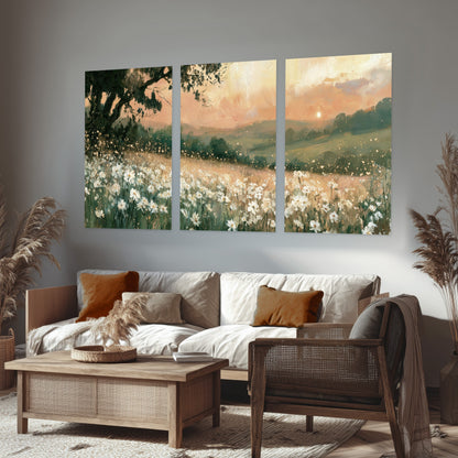 White daisy meadow sunset painting set of 3 poster prints in a rustic living room
