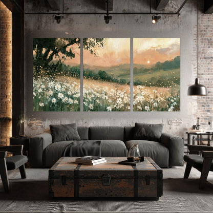 White daisy meadow sunset painting set of 3 poster prints in an industrial loft