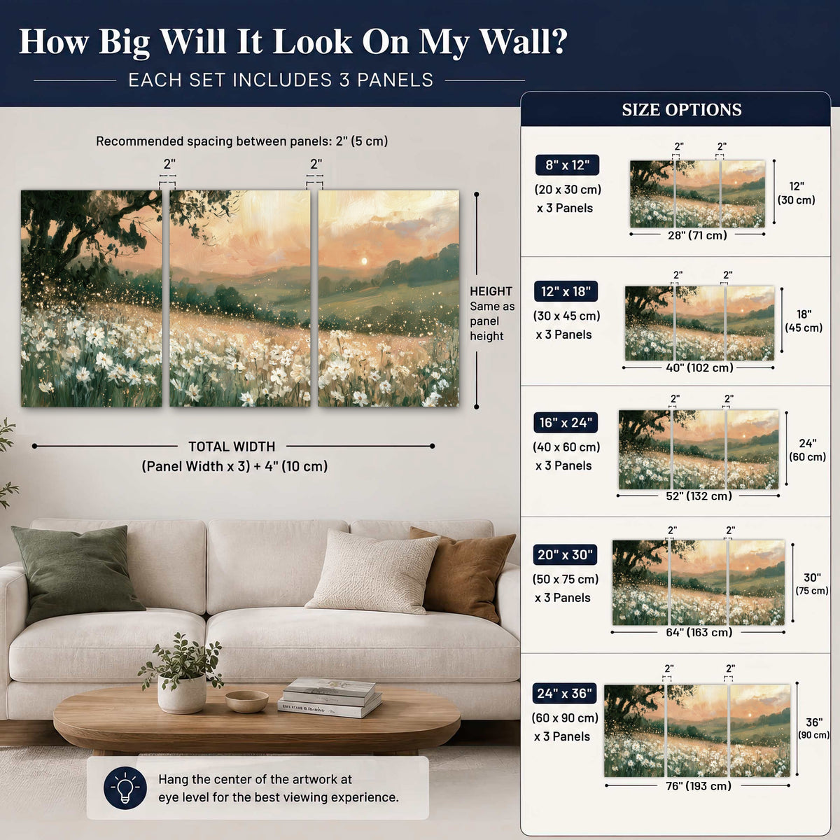 White daisy meadow sunset painting set of 3 poster prints size guide above a sofa